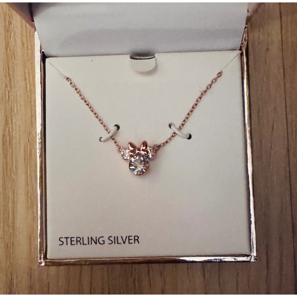Disney Minnie Mouse Sterling Silver Rose Gold Tone Cubic Zirconia Necklace Boxed